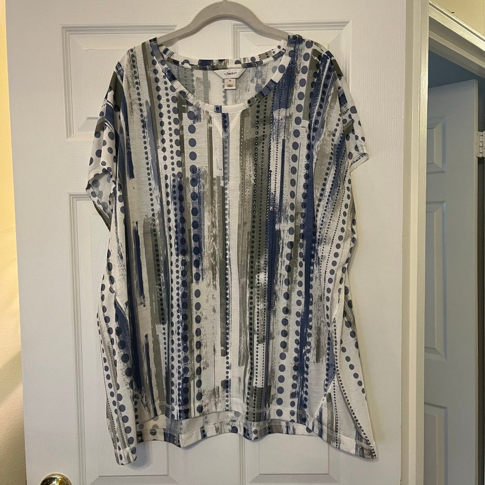 CJ Banks Blue, Olive & White Dot Stripe Short Sleeve Top